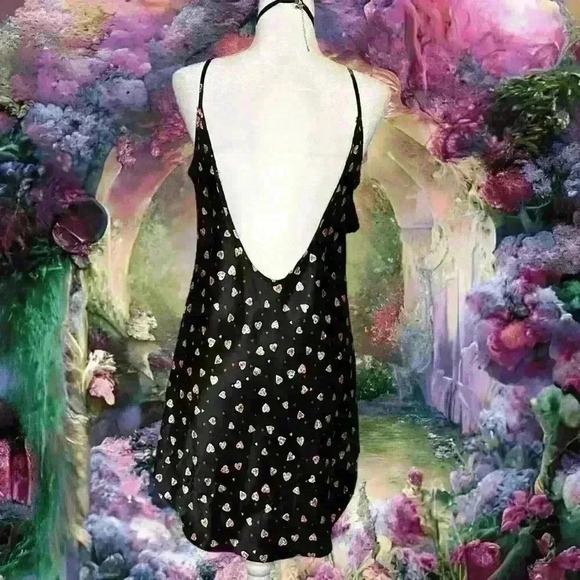 Y2k 90s Heart Print Black Low Back Slip Dress - Picture 6 of 9